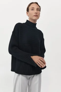Knitwear*St. Agni Mock Neck Rib Knit Jumper - Black
