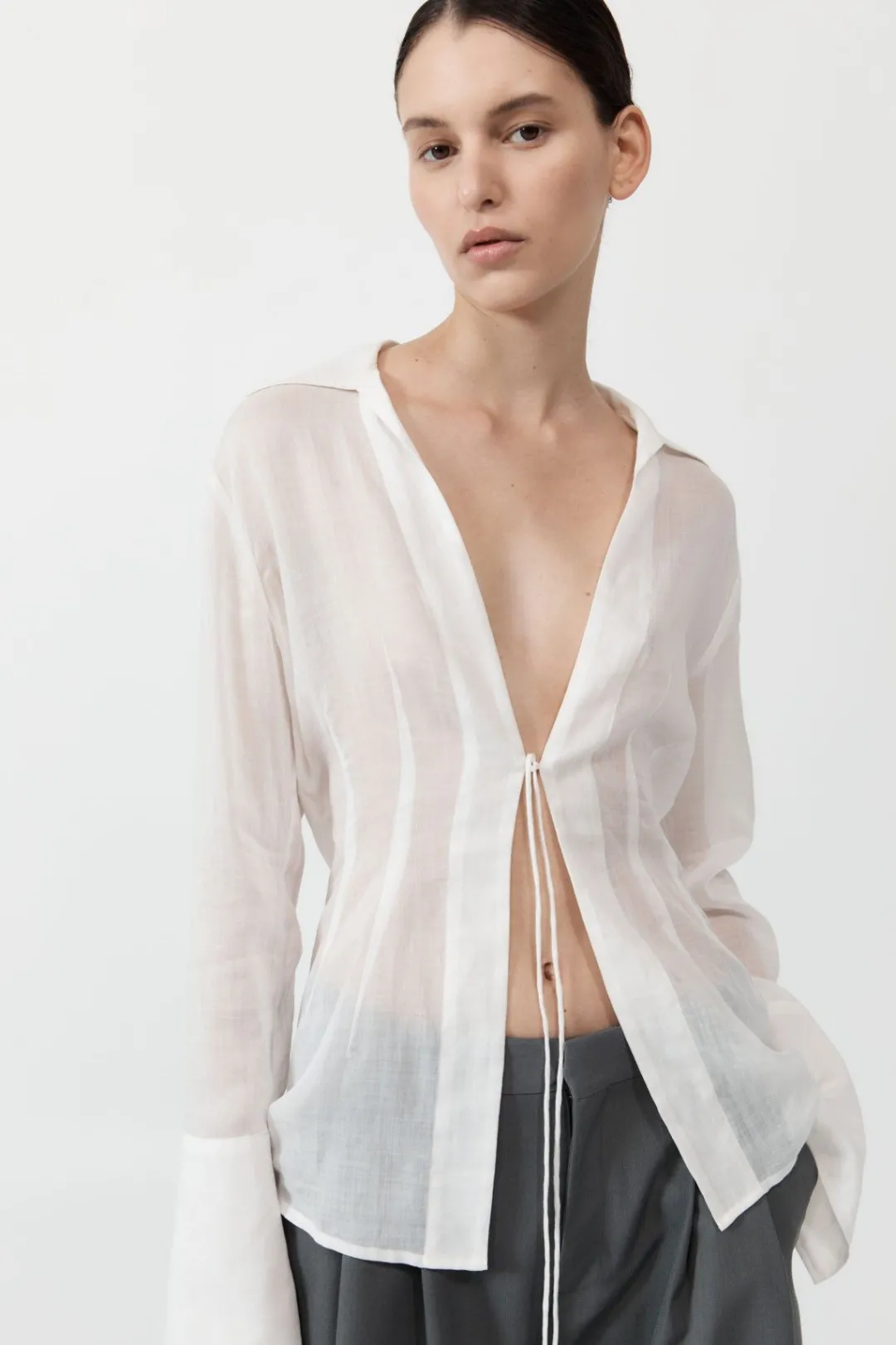 Shirts*St. Agni Sheer Linen Tie Top - White