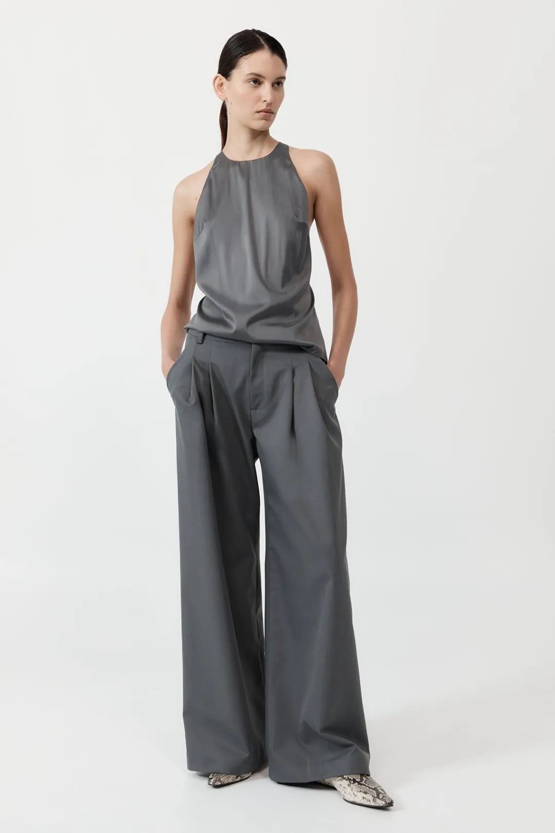 Tops*St. Agni Soft Silk Suspender Top - Pewter Grey